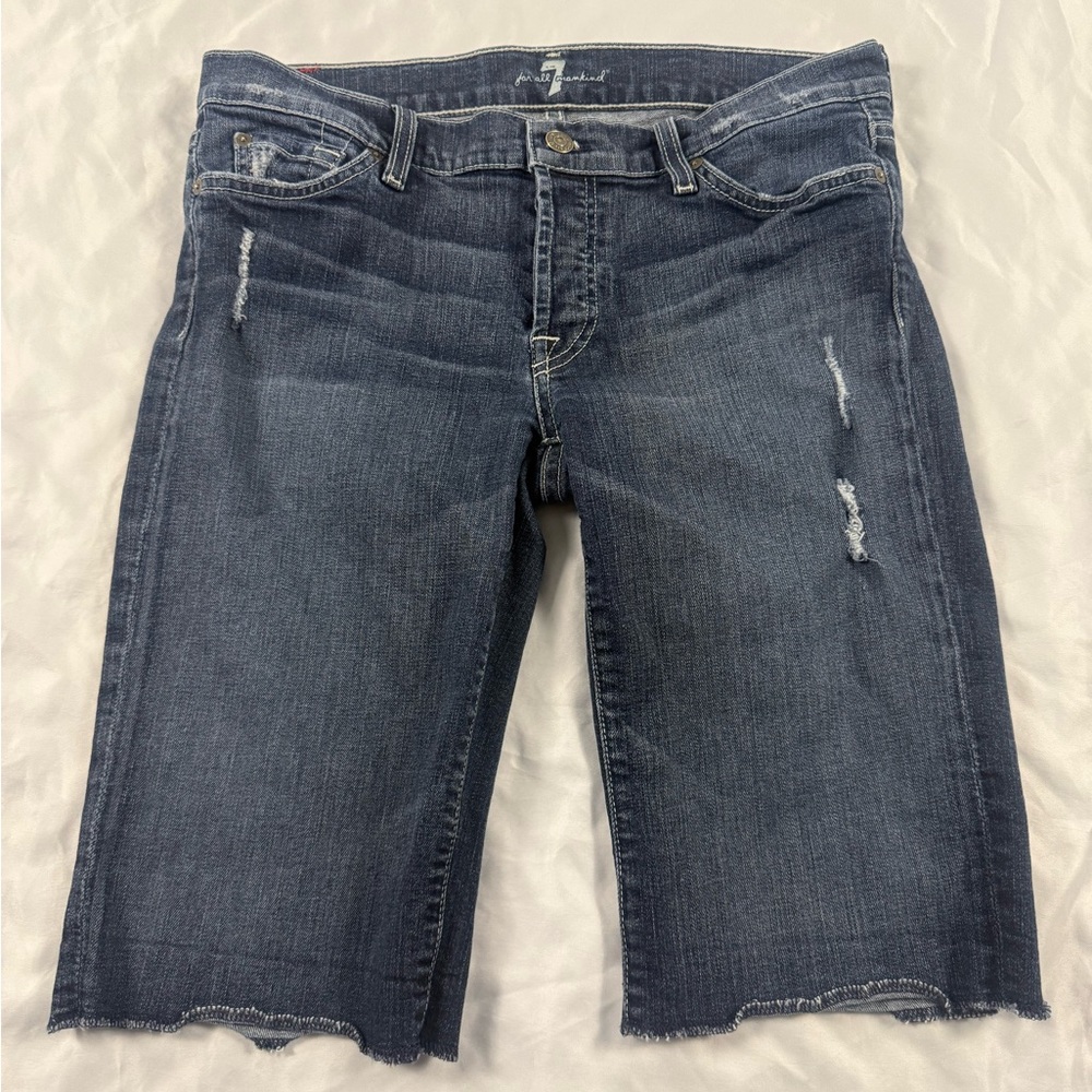 7 For All Mankind Denim Bermuda Shorts 28 Distressed Raw Hem USA Made